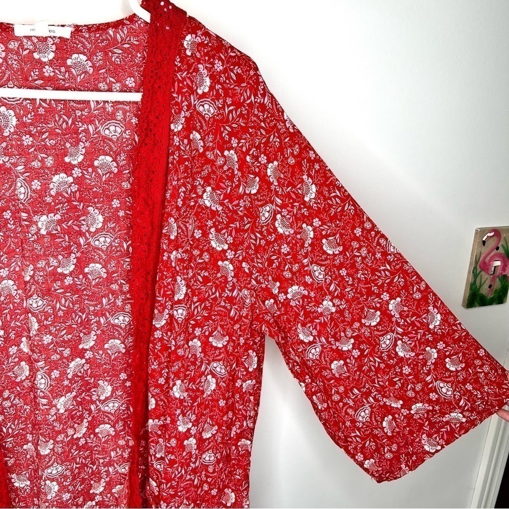 Maurices Red Floral Crochet Trim Open Front Peplum Hem Kimono Size Large - Picture 8 of 16